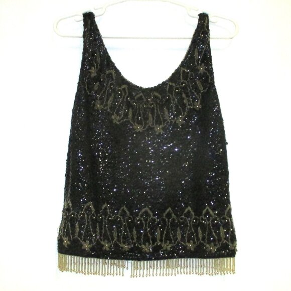 Tops - Shirt - Vintage Hand Beaded in Hong Kong  Women's Black Dressy Tank Top